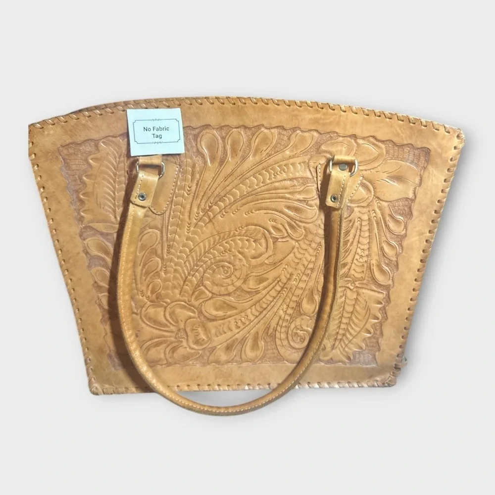 Womens Leather Natural‎ Grain Tote Handbag Embossed Tooled Zip Top 16